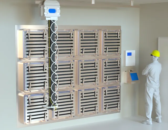The Janus robot traversing a wall of industrial filters while a technician supervises